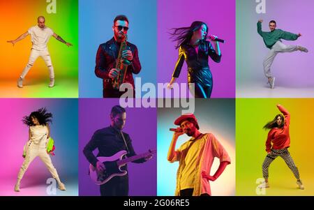 Cantanti e ballerini. Ritratto di gruppo di persone su sfondo multicolore in luce al neon, collage. Foto Stock