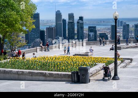 Montreal, CA - 14 maggio 2021: Le persone che godono di vista dello skyline di Montreal dal Belvedere Kondiaronk situato in cima alla montagna Mont-Royal. Foto Stock