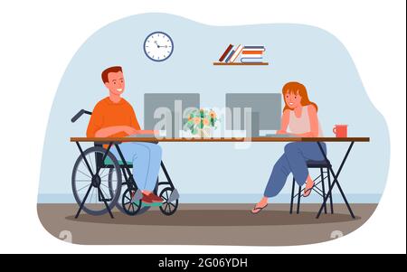 Uomo disabile che lavora in ufficio, lavoratore minorato in sedia a rotelle Illustrazione Vettoriale