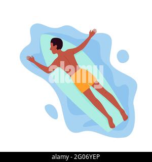 Surf uomo galleggiante su surf in mare o mare acqua, nuoto, sdraiato su surf board Illustrazione Vettoriale