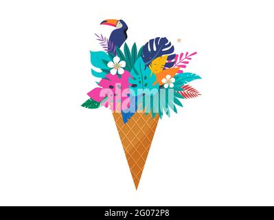 Scena estiva con cono gelato pieno di foglie esotiche della giungla e toucan. Ciao estate concept illustrazione, sfondo e banner Illustrazione Vettoriale