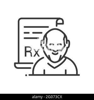 Prescrizione medica - linea design singola icona isolata su sfondo bianco. Pittogramma nero di alta qualità. Immagine di una persona in pensione e di un farmaco per Illustrazione Vettoriale