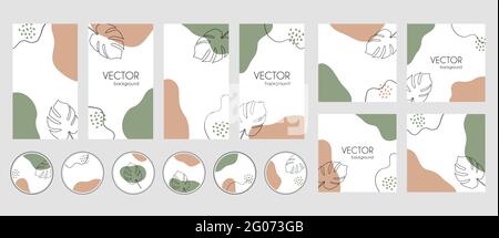 Storie di social media, post, modelli di evidenziazioni per instagram. Sfondi astratti con foglie tropicali, forme organiche e spazio di copia per il testo Illustrazione Vettoriale