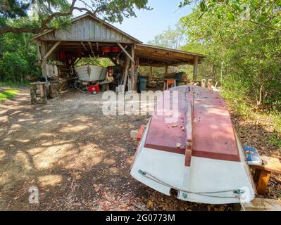 Cantiere navale Pioneer presso lo storico museo Spanish Point e complesso ambientale di Osprey, Florida. STATI UNITI Foto Stock