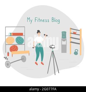 Fitness blogger. Sportswoman che trasmette vlog per i seguaci. L'atleta registra un set video di esercizi per i suoi abbonati. Allenamento in remoto Illustrazione Vettoriale