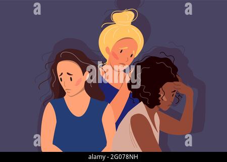 Donne di culture e nazionalità diverse che si levano in piedi insieme. Il concetto di movimento di empowerment femminile e di uguaglianza di genere. Illustrazione Vettoriale