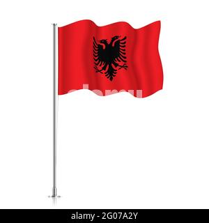 Bandiera albanese che oscilla su un palo metallico. La bandiera ufficiale dell'Albania, isolata su sfondo bianco. Illustrazione Vettoriale