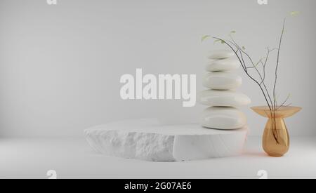 Podio per esposizione di prodotti con sfondo chiaro in stile feng shui japandi con pietre e piante. rendering 3d. Foto Stock