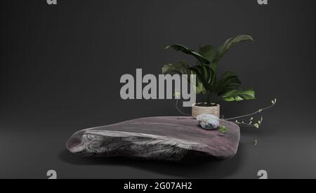 Podio per esposizione di prodotti con sfondo scuro in stile feng shui con pietre e piante. rendering 3d. Foto Stock