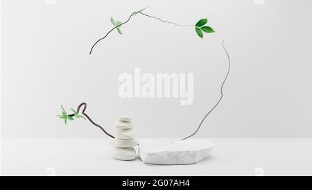 Podio per esposizione di prodotti con sfondo chiaro in stile feng shui japandi con pietre e piante. rendering 3d. Foto Stock