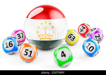 Palline Lotto con bandiera Tajik. Lotteria in Tagikistan Concept, rendering 3D isolato su sfondo bianco Foto Stock