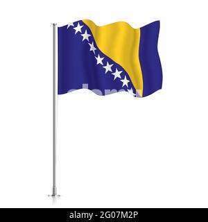 Bandiera della Bosnia-Erzegovina sventolante su un palo metallico. La bandiera ufficiale della Bosnia-Erzegovina, isolata su sfondo bianco. Illustrazione Vettoriale