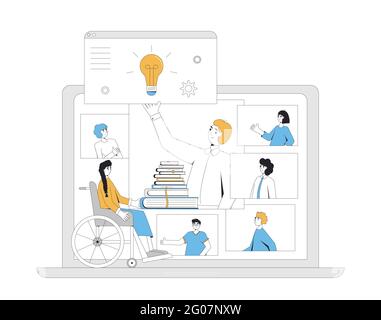 Formazione online. Apprendimento digitale. Persone che parlano con ciascuno di scienza. Insegnante e studenti. Webinar su Internet o formazione video online. Seminario. Ve Illustrazione Vettoriale
