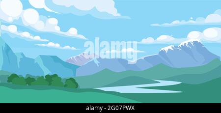 Paesaggio montano con foresta e ruscello d'acqua. Cartoni animati vettoriali illustrazione di boschi di conifere estate, ruscello, rocce e sole in cielo blu con bianco Illustrazione Vettoriale