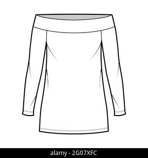 Abito off-the-shoulder Bardot illustrazione tecnica moda con maniche lunghe, corpo oversize, mini lunghezza gonna a matita. Parte anteriore dell'abbigliamento piatto, colore bianco. Donne, uomini unisex CAD mockup Illustrazione Vettoriale