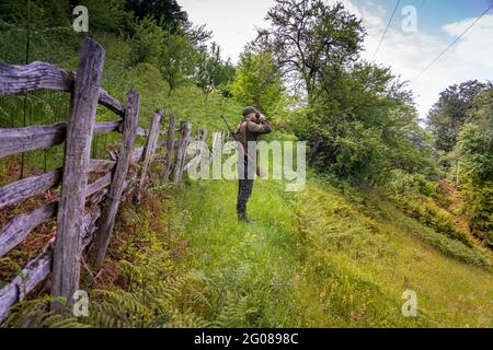 Un cacciatore alla ricerca di fauna selvatica in natura Foto Stock