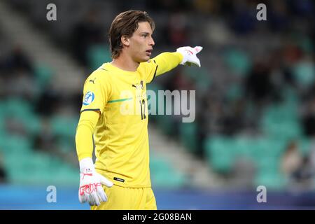 Lubiana, Slovenia, 31 maggio 2021. Marco Carnesecchi d'Italia reagisce durante la partita UEFA U21 Championships 2021 allo Stadion Stoczicw di Lubiana. L'immagine di credito dovrebbe essere: Jonathan Moscop / Sportimage Foto Stock