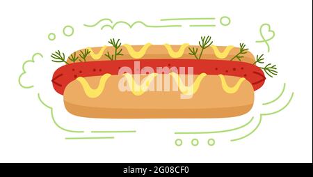 Hotdog americano fast food. Fumetto disegnato a mano hot dog, insalata di senape e verdure. Menu delizioso fast food per menu, poster, carta, banner, volantino. Gustoso pranzo malsano. Illustrazione vettoriale Illustrazione Vettoriale