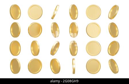 Rendering 3D. Insieme di monete d'oro isolate su sfondo in diverse posizioni. Banca o illustrazione finanziaria Foto Stock