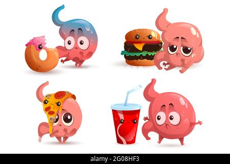 Triste carattere stomaco con fast food. Gonfiore gastrico umano, indigestione e stomachache. Vettore insieme di cartone animato organo di digestione malato con hamburger, pizza, ciambella e soda isolato su sfondo bianco Illustrazione Vettoriale