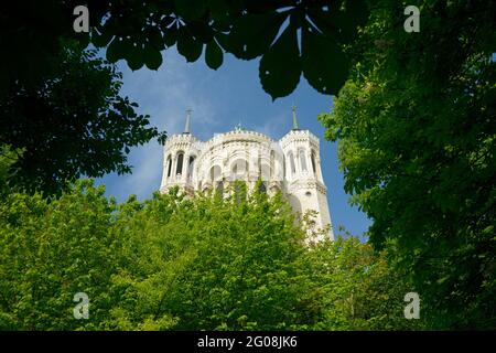 BASILICA DI NOTRE-DAME DE FOURVIERE DAL PARC DES HAUTEURS, FOURVIERE, LIONE, RODANO (69) Foto Stock