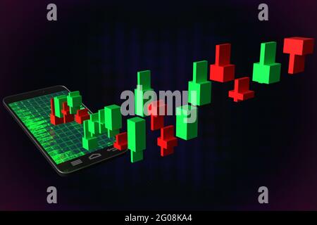 Un rendering 3d astratto di un grafico a candele e di un display per smartphone. Foto Stock