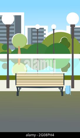 Panca e laghetto. Area del parco cittadino. Alberi, arbusti e lanterne. Splendido paesaggio urbano estivo in colori sfrenati. Un luogo dove rilassarsi, passeggiare e darsi. Beautifu Illustrazione Vettoriale
