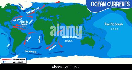 Le correnti oceaniche sulla mappa del mondo illustrazione di sfondo Illustrazione Vettoriale