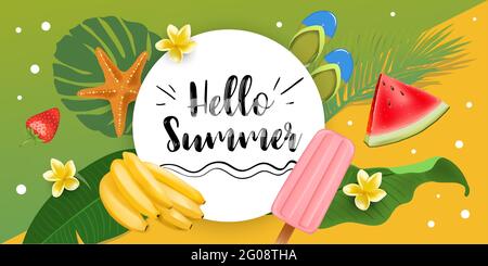 Vector Hello Summer Holiday illustrazione tipografica con foglie di palma tropicali, fiori di frangipani, anguria, gelato, banane. Banner di annunci Web Illustrazione Vettoriale