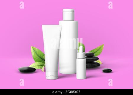 Presentazione dei prodotti cosmetici. Scenografia da parete color crema con foglia di roccia e di ulivo. Forma geometrica minima. Illustrazione della rivista di moda. rendering 3d male Foto Stock