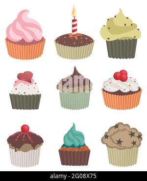 Illustrazione vettoriale di nove deliziosi cupcakes. Illustrazione Vettoriale