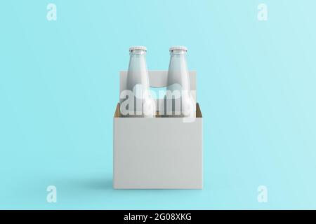 Due bottiglie di soda assortite, bevande analcoliche con scatola di carta bianca isolata su sfondo toscha.rendering 3d. Ideale per il tuo progetto di progettazione. Foto Stock