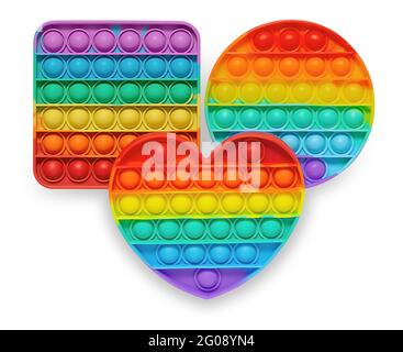 Set di giocattoli in silicone per bambini anti-stress pop isolato su bianco Foto Stock