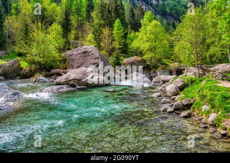 I colori luminosi dell'acqua fluviale nella stagione primaverile, Val di Mello Foto Stock