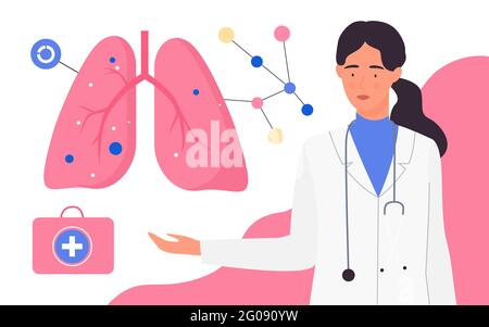 Controllo medico del sistema respiratorio, illustrazione del vettore anatomico dei polmoni del paziente. Cartoon donna medico carattere avvertimento dei polmoni respirazione salute, esame diagnosi e trattamento di base pulmonologey Illustrazione Vettoriale