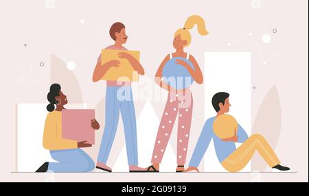 Persone lavoro di squadra per risolvere problemi di lavoro creativo, business soluzioni illustrazione vettoriale. Cartoon uomo donna personaggi tenendo forme geometriche figure forme, geometria astratta disegno sfondo Illustrazione Vettoriale