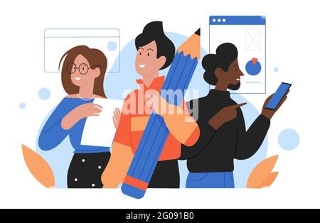 Illustrazione vettoriale del team business people. Gruppo di cartoni animati di personaggi lavoratori d'ufficio in piedi insieme, uomo donna che tiene grande matita, telefono cellulare e documenti cartacei per il lavoro isolato su bianco Illustrazione Vettoriale