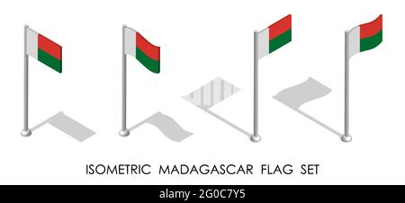 bandiera isometrica del madagascar in posizione statica e in movimento sul flagpole. vettore 3d Illustrazione Vettoriale