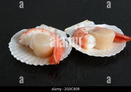 Capesante crudo con coda di gamberi bollita in conchiglia su una superficie di legno nero. Messa a fuoco selettiva. Foto Stock