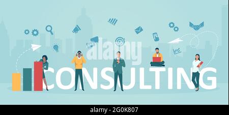Vettore di un team di persone commerciali che fornisce servizi di consulenza Illustrazione Vettoriale