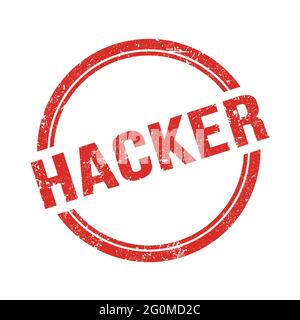 Testo HACKER scritto su un francobollo rosso vintage rotondo. Foto Stock