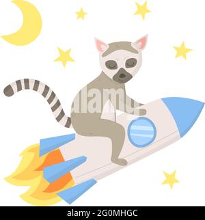 Carino lemur che vola su un razzo tra le stelle. CN essere utilizzato come poster di nurcery, stikers sulla parete. Illustrazione vettoriale di stock isolata su sfondo bianco Illustrazione Vettoriale