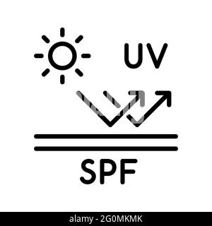 Concetto del fattore di protezione solare. Effetto raggi UV sulla pelle trattata con crema solare SPF. Idea di sicurezza solare. Icona linea. Esposizione alla luce ultravioletta. Vettore, piatto Illustrazione Vettoriale