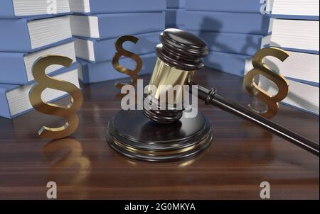 Gavel di giustizia e simboli di paragrafo d'oro con molti libri in 3D di sfondo rendering Foto Stock