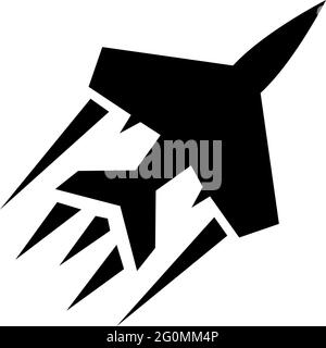 Flying Fighter Jet, velivolo militare. Illustrazione dell'icona Flat Vector. Semplice simbolo nero su sfondo bianco. Flying Fighter Jet, velivoli militari Illustrazione Vettoriale