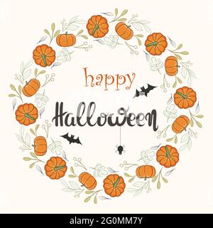 Felice Halloween carta, vettore. Cornice rotonda in zucca e foglie con scritte. Iscrizione. Complimenti carini per la vacanza stagionale in autunno. Illustrazione Vettoriale