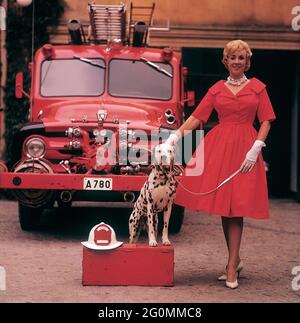 Alla moda negli anni '50. Una giovane donna in un abito rosso, guanti bianchi e scarpe bianche è in piedi di fronte a un camion da fuoco Ford insieme a un cane dalmata con un casco capo fuoco americano. Il dalmatier è tradizionalmente una mascotte della brigata del fuoco. Svezia 1958 rif CV68-7 Foto Stock