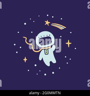 Volare allo spazio carino astronauta cartoni animati. Illustrazione vettoriale per bambini disegnata a mano. Scienza, esploratore spaziale, astronave, concetto di cosmo. Illustrazione Vettoriale