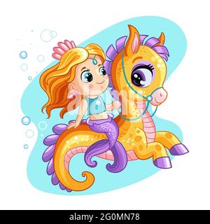 Carino piccola sirena a cavallo su un favoloso mare. Un personaggio cartoon. Illustrazione vettoriale isolata su sfondo bianco. Per T-shirt, stampa e de Illustrazione Vettoriale