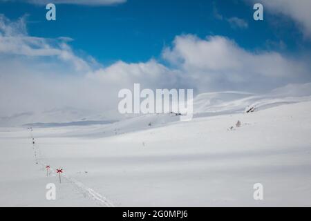 Pista da sci di fondo di Kungsleden in inverno dopo una tempesta di neve, sulla strada per cottage Alesjaure, aprile 2020. Foto Stock